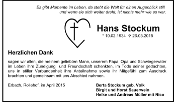 Traueranzeige von Hans Stockum von Odenwälder Echo