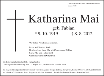 Traueranzeige von Katharina Mai von Starkenburger Echo, Bergsträßer Anzeiger