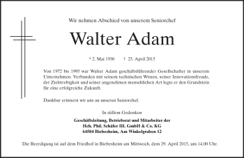 Traueranzeige von Walter Adam von Echo-Zeitungen (Gesamtausgabe)