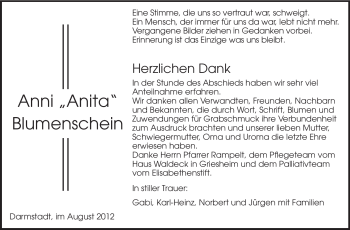 Traueranzeige von Anni Blumenschein von Echo-Zeitungen (Gesamtausgabe)