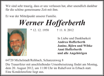 Traueranzeige von Werner Hofferberth von Odenwälder Echo