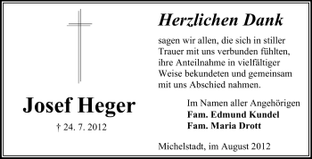 Traueranzeige von Josef Heger von Odenwälder Echo