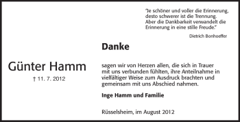 Traueranzeige von Günter Hamm von Rüsselsheimer Echo, Groß-Gerauer-Echo, Ried Echo