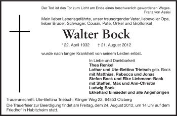Traueranzeige von Walter Bock von Echo-Zeitungen (Gesamtausgabe)