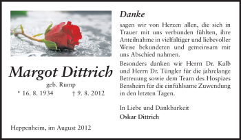 Traueranzeige von Margot Dittrich von Starkenburger Echo
