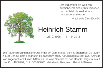 Traueranzeige von Heinrich Stamm von Starkenburger Echo