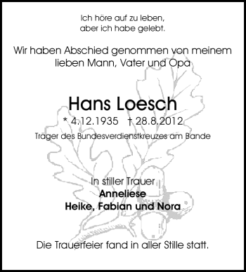 Traueranzeige von Hans Loesch von Echo-Zeitungen (Gesamtausgabe)