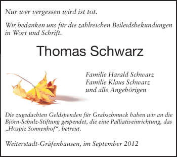 Traueranzeige von Thomas Schwarz von Echo-Zeitungen (Gesamtausgabe)