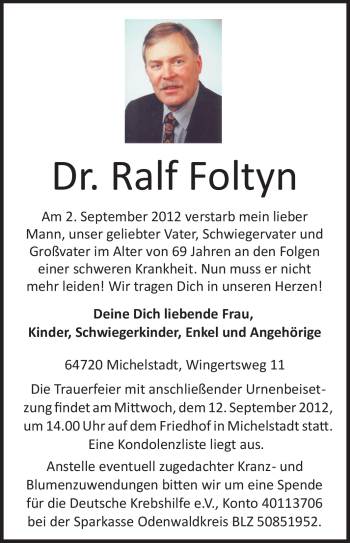 Traueranzeige von Ralf Foltyn von Odenwälder Echo