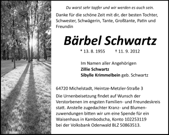 Traueranzeige von Bärbel Schwartz von Odenwälder Echo