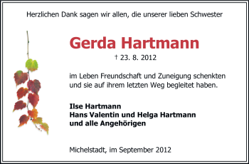 Traueranzeige von Gerda Hartmann von Odenwälder Echo