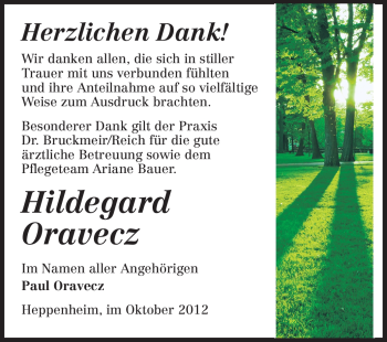 Traueranzeige von Hildegard Oravecz von Starkenburger Echo