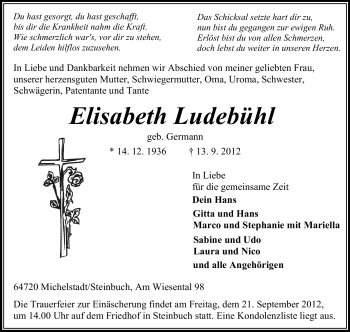 Traueranzeige von Elisabeth Ludebühl von Odenwälder Echo