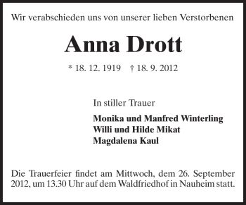 Traueranzeige von Anna Drott von Rüsselsheimer Echo, Groß-Gerauer-Echo, Ried Echo