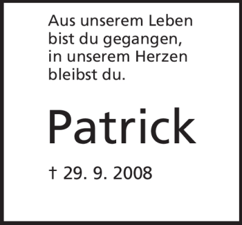 Traueranzeige von Patrick Bachmann-Settergren von Echo-Zeitungen (Gesamtausgabe)