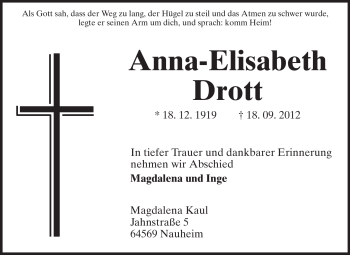 Traueranzeige von Anna-Elisbeth Drott von Rüsselsheimer Echo, Groß-Gerauer-Echo, Ried Echo