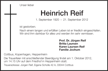 Traueranzeige von Heinrich Reif von Starkenburger Echo