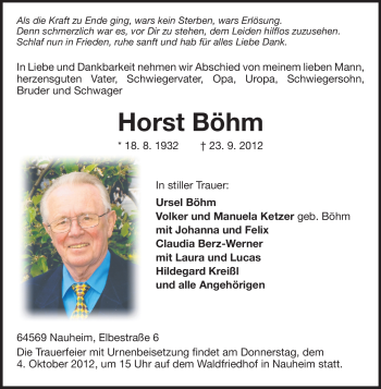 Traueranzeige von Horst Böhm von Rüsselsheimer Echo, Groß-Gerauer-Echo, Ried Echo