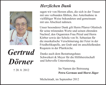Traueranzeige von Gertrud Dörner von Odenwälder Echo