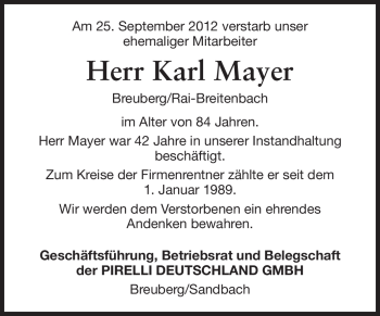 Traueranzeige von Karl Mayer von Odenwälder Echo