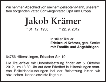 Traueranzeige von Jakob Krämer von Starkenburger Echo