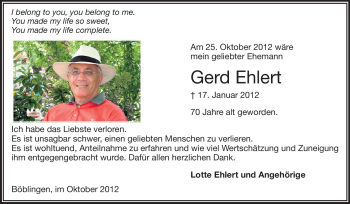 Traueranzeige von Gerd Ehlert von Rüsselsheimer Echo, Groß-Gerauer-Echo, Ried Echo