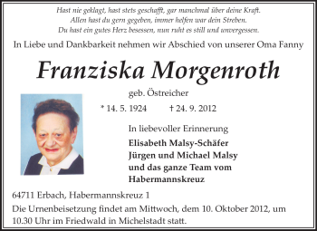 Traueranzeige von Franziska Morgenroth von Odenwälder Echo