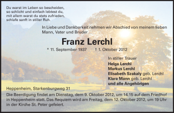 Traueranzeige von Franz Lerchl von Starkenburger Echo