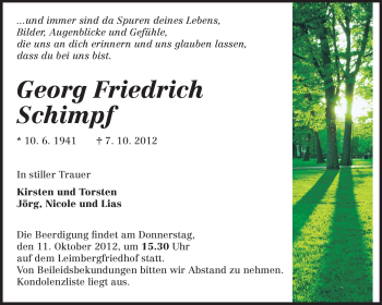 Traueranzeige von Georg Friedrich Schimpf von Odenwälder Echo