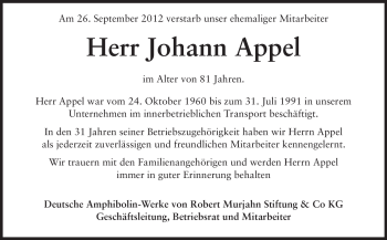 Traueranzeige von Johann Appel von Echo-Zeitungen (Gesamtausgabe)