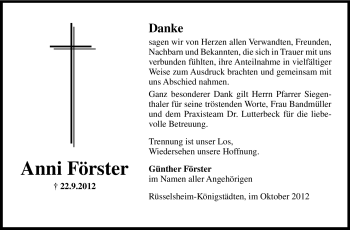 Traueranzeige von Anni Förster von Rüsselsheimer Echo, Groß-Gerauer-Echo, Ried Echo