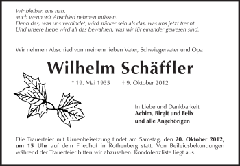 Traueranzeige von Wilhelm Schäffler von Odenwälder Echo