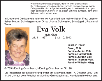 Traueranzeige von Eva Volk von Odenwälder Echo