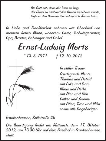 Traueranzeige von Ernst-Ludwig Mertz von Echo-Zeitungen (Gesamtausgabe)