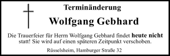 Traueranzeige von Wolfgang Gebhard von Rüsselsheimer Echo, Groß-Gerauer-Echo, Ried Echo