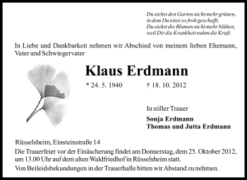 Traueranzeige von Klaus Erdmann von Rüsselsheimer Echo, Groß-Gerauer-Echo, Ried Echo