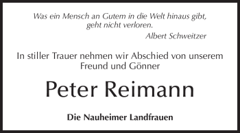 Traueranzeige von Peter Reimann von Rüsselsheimer Echo, Groß-Gerauer-Echo, Ried Echo