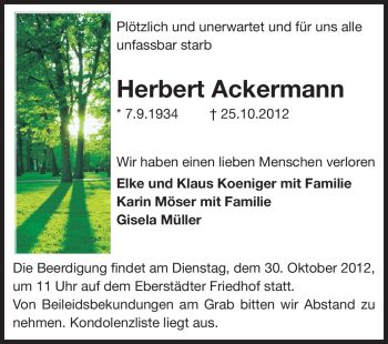Traueranzeige von Herbert Ackermann von Echo-Zeitungen (Gesamtausgabe) Traueranzeige von Herbert Ackermann von Echo-Zeitungen (Gesamtausgabe)