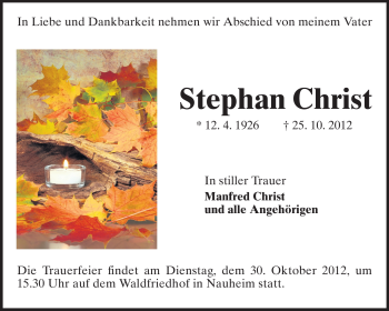 Traueranzeige von Stephan Christ von Rüsselsheimer Echo, Groß-Gerauer-Echo, Ried Echo