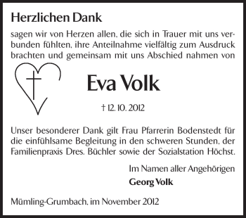 Traueranzeige von Eva Volk von Odenwälder Echo