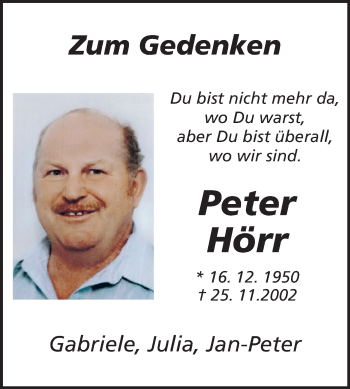 Traueranzeige von Peter Hörr von Odenwälder Echo