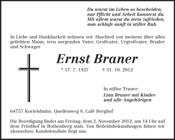 Traueranzeige von Ernst Braner von Odenwälder Echo Traueranzeige von Ernst Braner von Odenwälder Echo