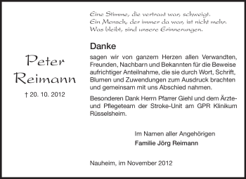 Traueranzeige von Peter Reimann von Rüsselsheimer Echo, Groß-Gerauer-Echo, Ried Echo