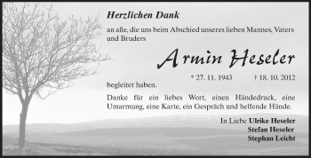 Traueranzeige von Armin Heseler von Rüsselsheimer Echo, Groß-Gerauer-Echo, Ried Echo