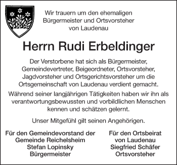 Traueranzeige von Rudi Erbeldinger von Odenwälder Echo