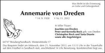 Traueranzeige von Annemarie von Dreden von Odenwälder Echo