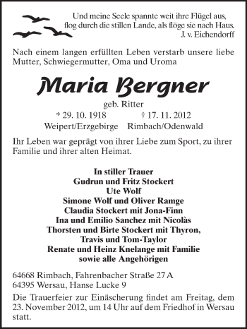 Traueranzeige von Maria Bergner von Echo-Zeitungen (Gesamtausgabe)