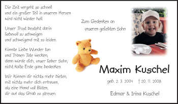 Traueranzeige von Maxim Kuschel von Echo-Zeitungen (Gesamtausgabe)