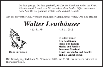 Traueranzeige von Walter Leuthäuser von Rüsselsheimer Echo, Groß-Gerauer-Echo, Ried Echo