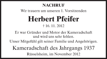 Traueranzeige von Herbert Pfeifer von Rüsselsheimer Echo, Groß-Gerauer-Echo, Ried Echo